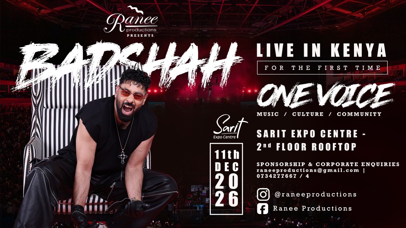 Badshah live in Kenya for the first time, One Voice, 11 December 2026, Sarit Expo Centre 2nd floor rooftop