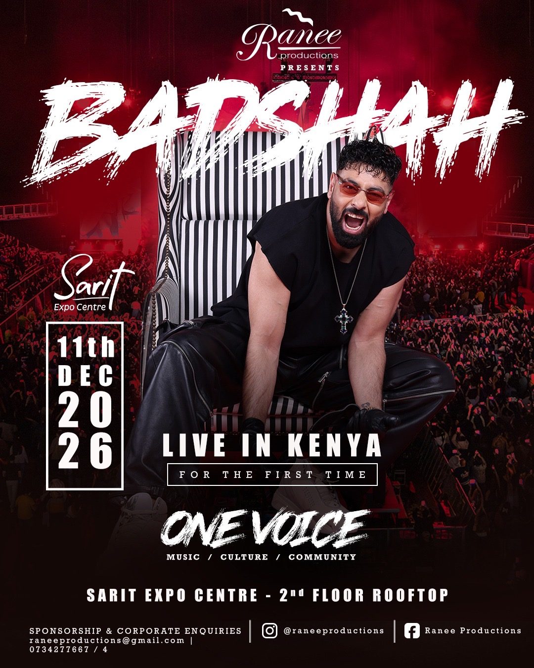 Poster: Badshah live in Kenya for the first time, One Voice, 11 December 2026, Sarit Expo Centre